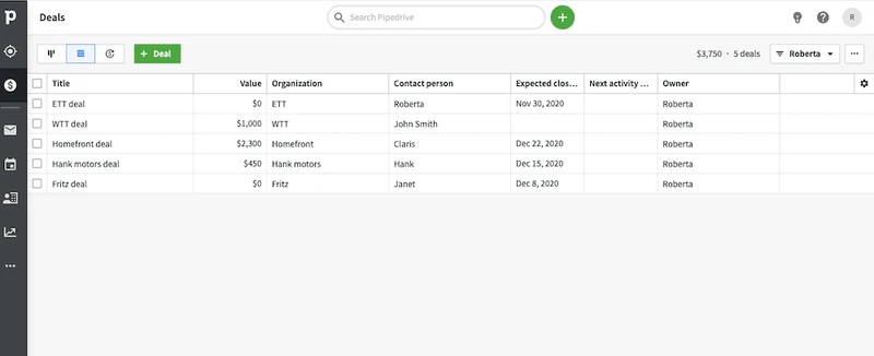 sales deal management in Pipedrive's list view