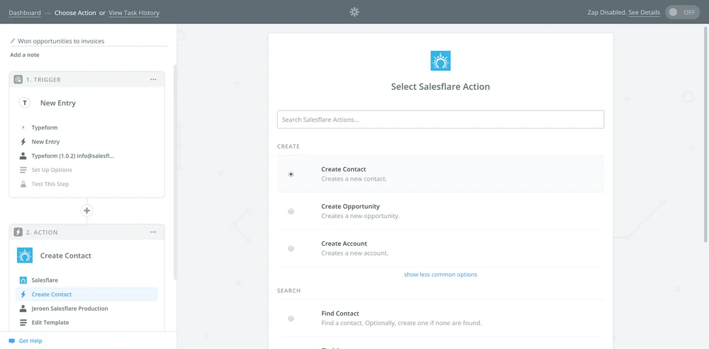 Скриншот интеграции инструментов продаж: Typeform подключён к Salesflare