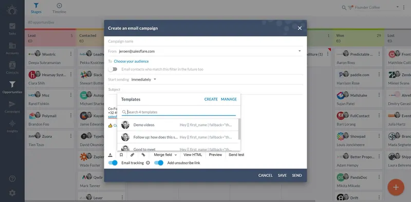 Salesflare 캠페인 작성기에서 리본의 Templates 드롭다운이 열려 있고, 저장된 템플릿 목록과 CREATE 및 MANAGE가 표시된 화면