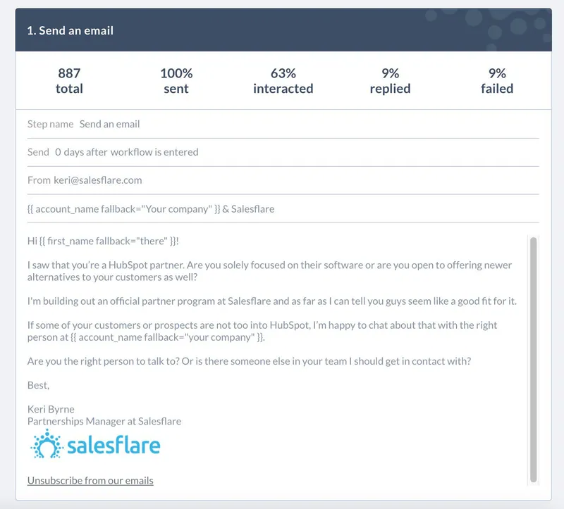 Step 1 of the HubSpot partner sequence, 9% replied: asking whether they are open to alternatives