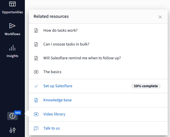 Salesflare’s Related resources menu with “Set up Salesflare” marked “58% complete”, matching the 58% badge on the help button