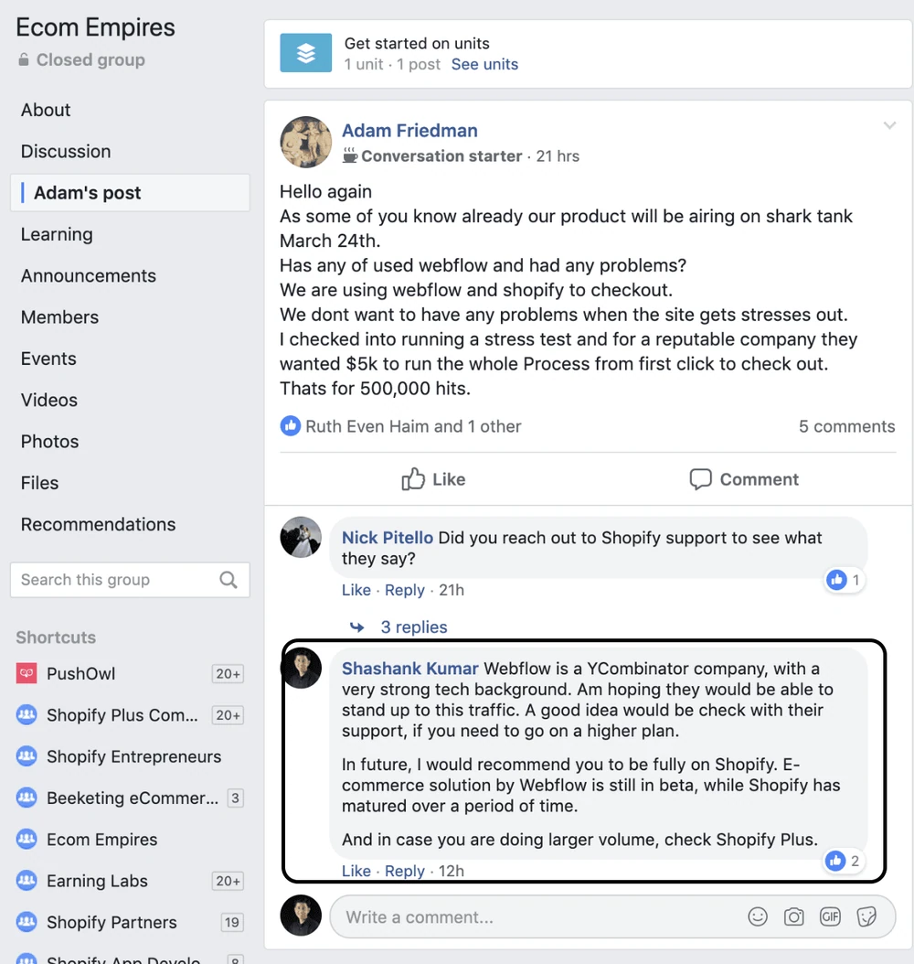 لقطة شاشة من Shopify وهي تقدم نصائح في مجموعة على Facebook كجزء من توليد العملاء المحتملين آليًا