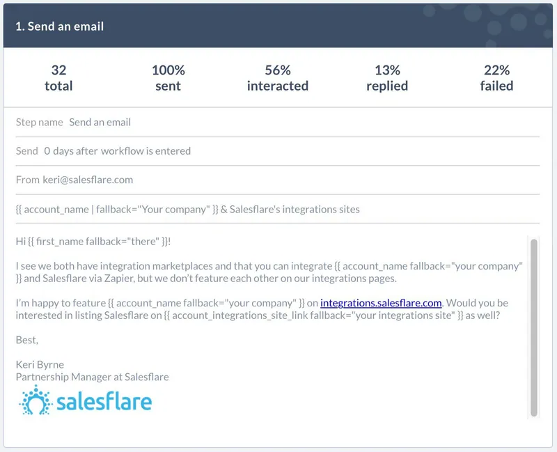 Step 1 of the integrations outreach, 13% replied: offering a listing on integrations.salesflare.com in return