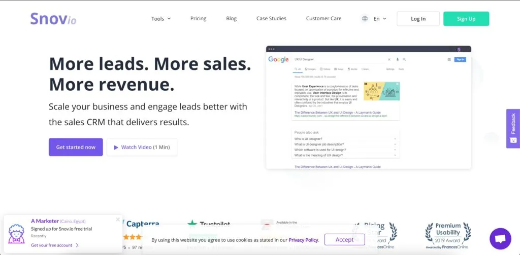 Snov.io homepage headlined “More leads. More sales. More revenue.” with a Google search result preview