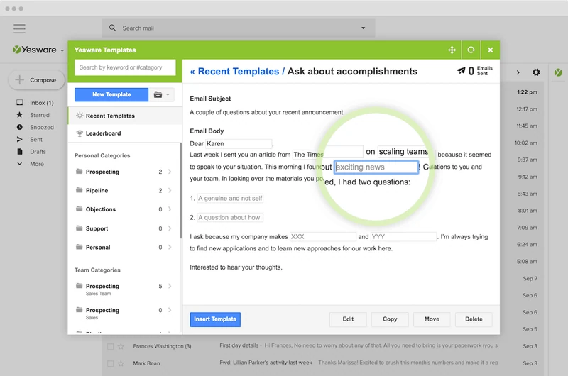 “Ask about accomplishments” 템플릿에 입력란과 Insert Template이 표시된 Gmail의 Yesware Templates 오버레이