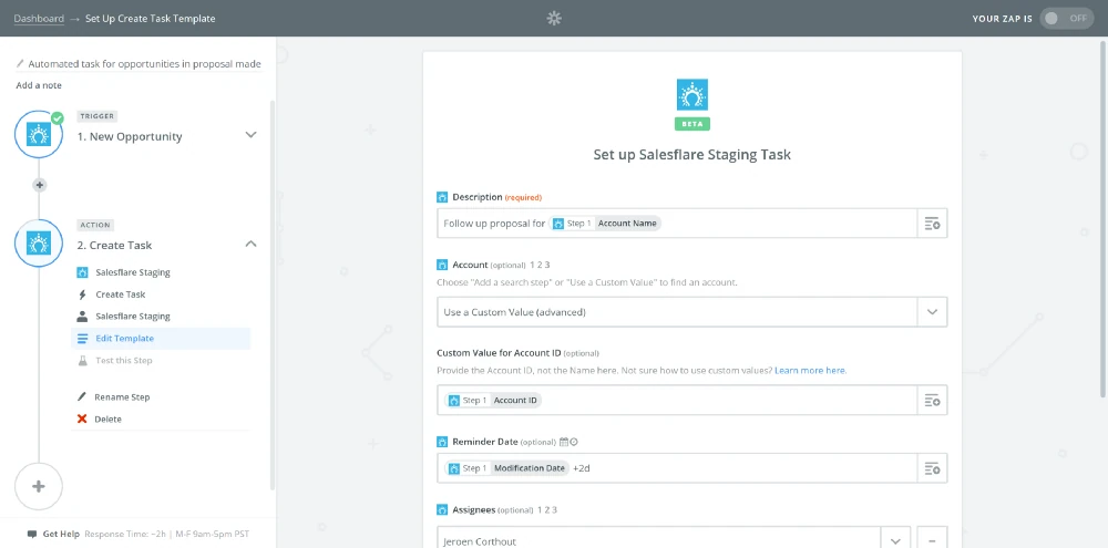 Editor Zapier con uno Zap che trasforma una nuova opportunità Salesflare in un'attività due giorni dopo