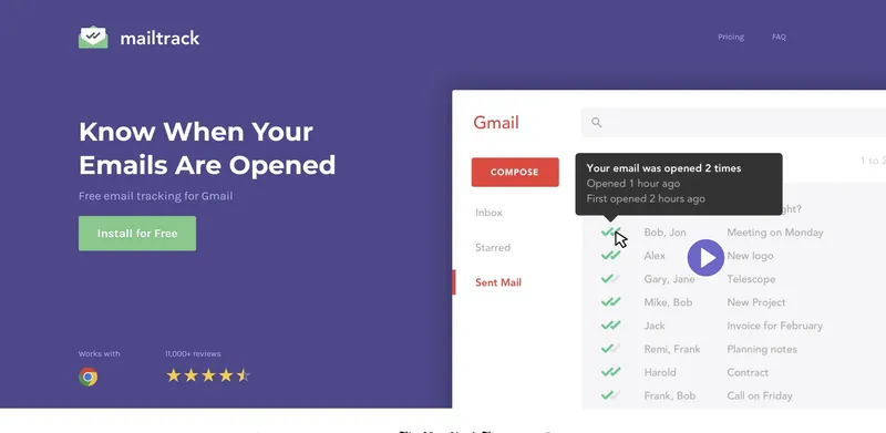 Startseite von Mailtrack (jetzt Mailsuite) mit der Überschrift „Know When Your Emails Are Opened“ und einem Gmail-Tooltip mit dem Text „Your email was opened 2 times“