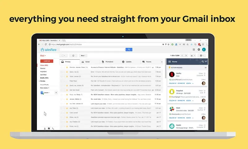 “Gmail 받은 편지함에서 바로 필요한 모든 정보 확인” — Gmail 옆에 열린 Salesflare 사이드바