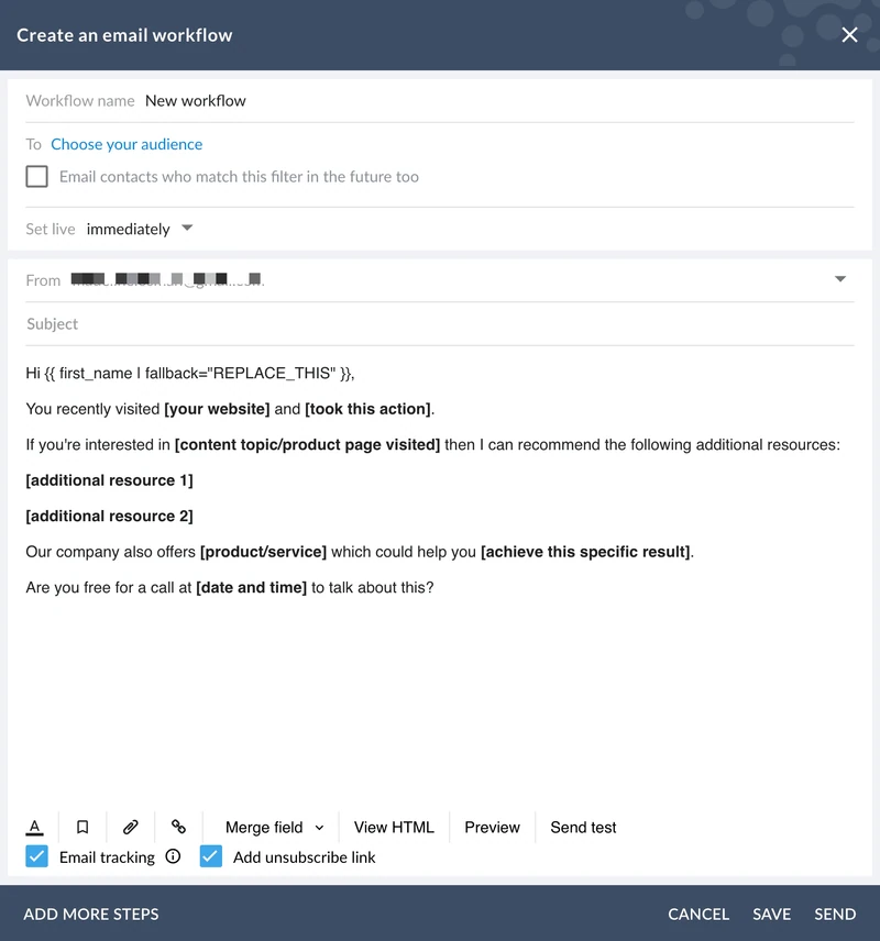 نافذة حوار «إنشاء سير عمل للبريد الإلكتروني» في Salesflare، وتحتوي على قالب بريد إلكتروني بارد يتضمن عناصر نائبة للصفحات التي زارها أحد الزوار