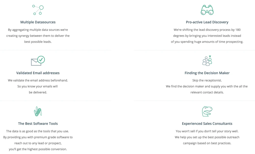 شبكة ميزات Salestack: مصادر بيانات متعددة، واكتشاف استباقي للعملاء المحتملين، ورسائل بريد إلكتروني موثّقة، والبحث عن أصحاب القرار