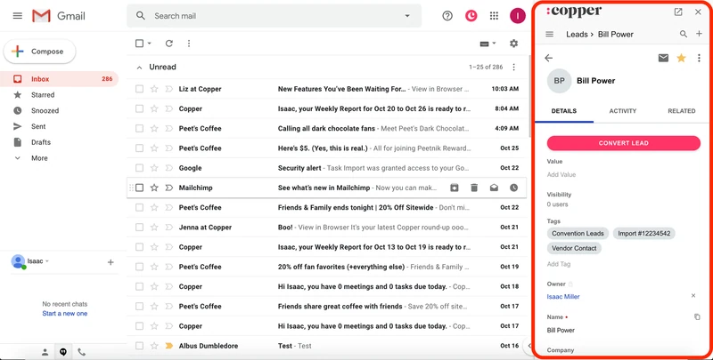 Copper Barra lateral CRM en Gmail