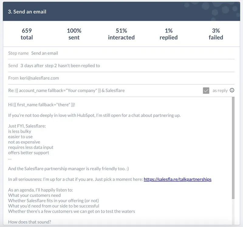 Step 3 of the HubSpot partner sequence, 1% replied, listing Salesflare as less bulky, easier and cheaper