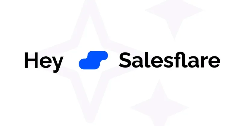 흰색 별무늬 배경 위 파란색 Salesflare 로고마크 주변에 ‘Hey Salesflare’라고 쓰여 있어요
