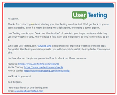 ختام رسالة الترحيب بالفترة التجريبية المجانية من UserTesting، مع روابط إلى الميزات والاختبار على الأجهزة المحمولة وكيفية عمل الخدمة
