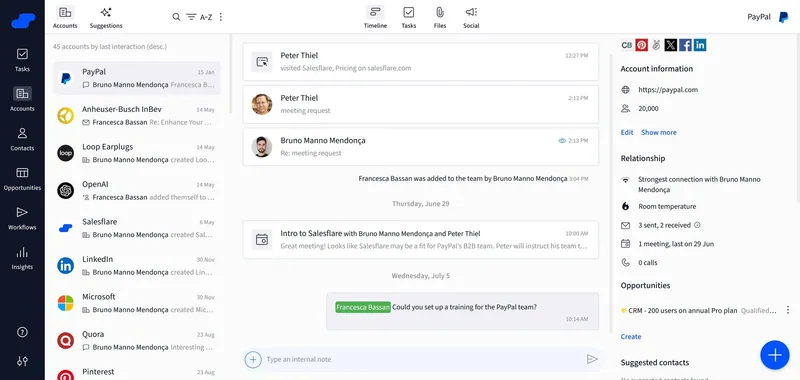 Vista de cuenta de Salesflare para PayPal con la cronología de correos y reuniones registrados automáticamente y el panel de relación