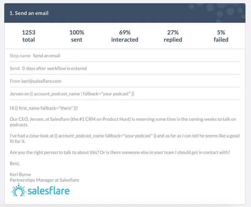 First podcast outreach email in Salesflare, 27% replied, asking if they are the right person to talk to