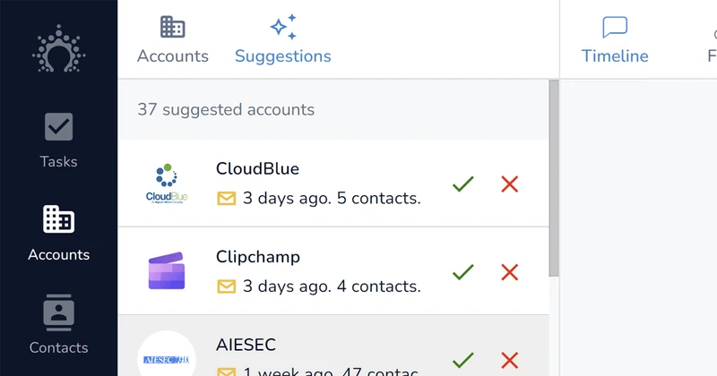 Salesflare's Suggestions tab listing 37 suggested accounts to add, each with accept and dismiss buttons