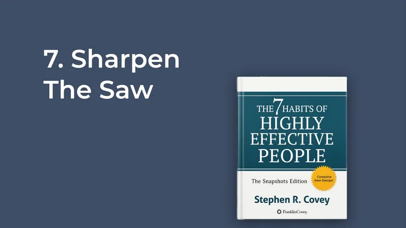 Diapo "7. Sharpen The Saw" à côté de la couverture des "7 Habits of Highly Effective People" de Stephen R. Covey