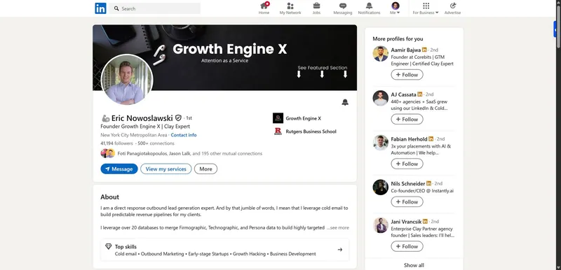 ملف Eric Nowoslawski الشخصي على LinkedIn، مع صورة غلاف تحمل عبارة «Growth Engine X — Attention as a Service» فوق عنوانه