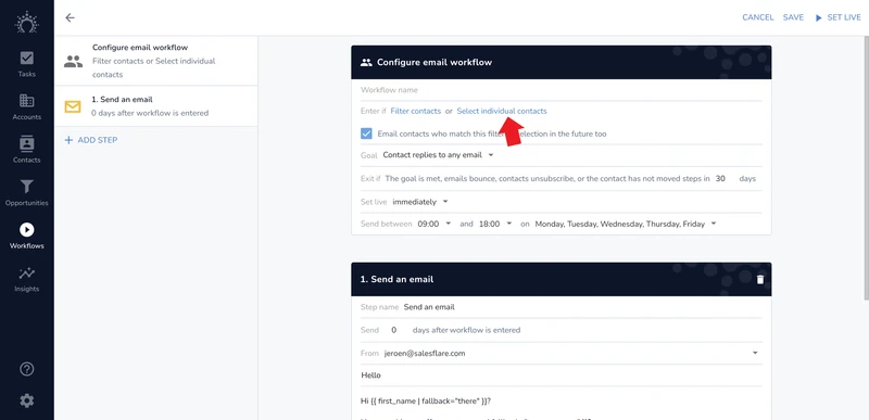 Экран «настроить рабочий процесс электронной почты» в Salesflare: стрелка у нового пункта «Выбрать отдельные контакты» рядом с «Фильтровать контакты»