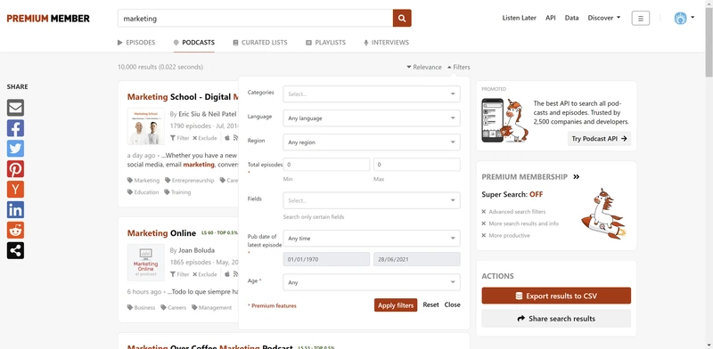 بحث Listen Notes عن بودكاست حول «التسويق»: 10,000 نتيجة، ولوحة المُرشِّح مفتوحة وخيار «تصدير النتائج إلى CSV»