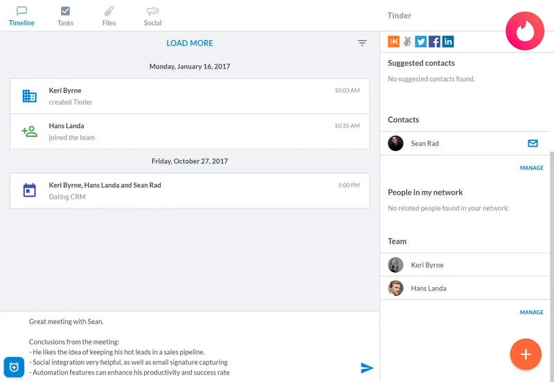 여러 줄 내부 메모를 작성 중인 Salesflare 타임라인: “Sean과 미팅을 잘 마쳤어요”와 세 가지 글머리표 결론