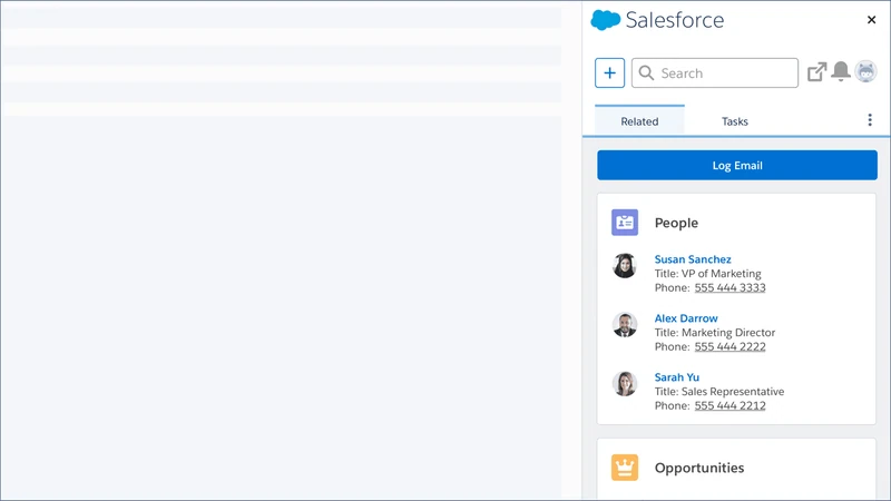 Salesforce-Seitenleiste im Postfach mit der Schaltfläche „Log Email“ und den zugehörigen Kontakten