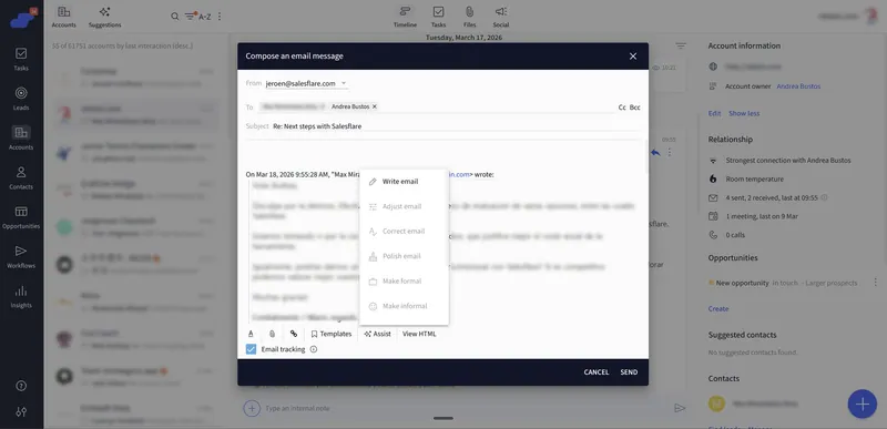 Salesflare compose window with the Assist menu open: write, adjust, correct or polish the email, make it formal or informal