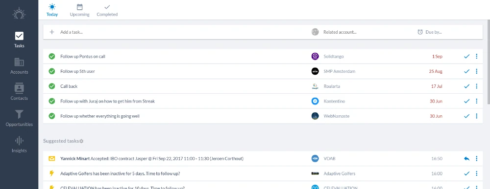 Modulo Tasks di Salesflare su “Today”, con follow-up per account e attività suggerite per account inattivi