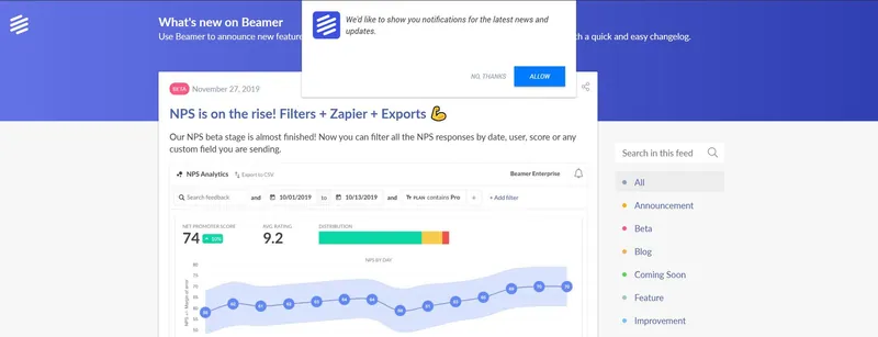 موجز سجل تغييرات Beamer مع منشور عن تحديث للمنتج، ومرشحات للفئات، وطلب للسماح بإشعارات المتصفح