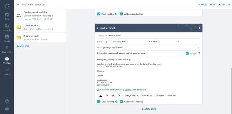 adding reply steps to an email workflow in salesflare