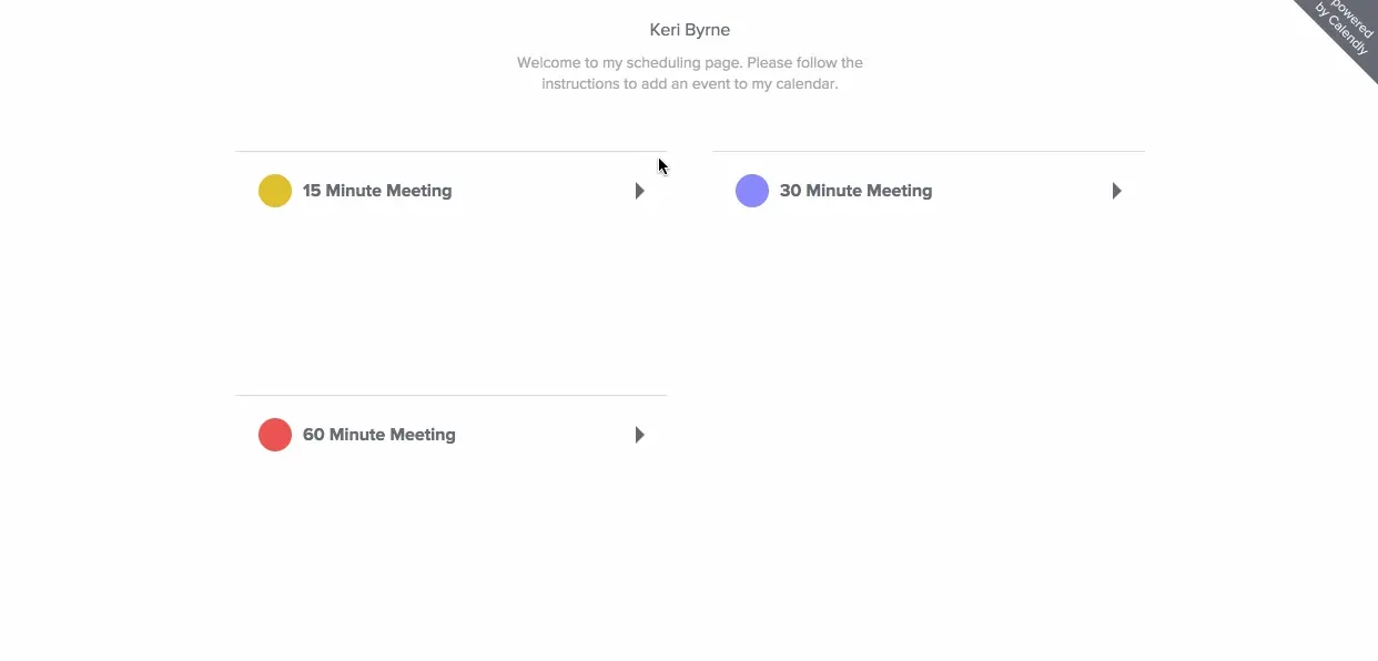 A Calendly booking page offering 15, 30 and 60 minute meetings to pick from