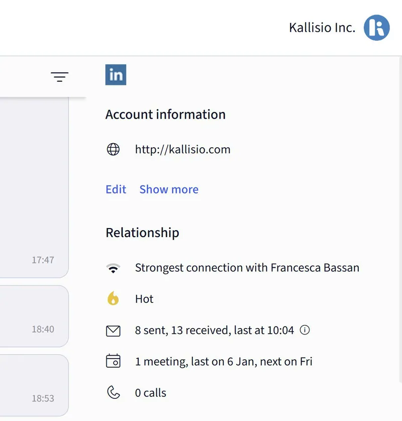 Kallisio Inc의 Salesflare 관계 패널: Francesca Bassan과 가장 강하게 연결되어 있고, 관심도는 높음, 발송됨 8건과 수신됨 13건, 미팅 1회가 있으며 다음 미팅은 금요일, 통화 0건