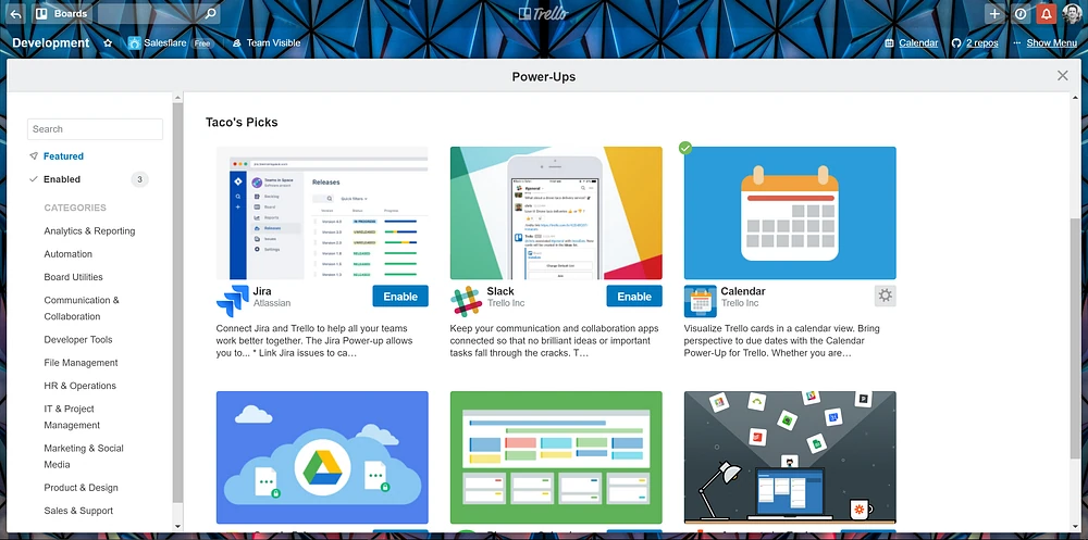 Jira, Slack, Calendar, Google Drive를 제공하는 Trello의 Power-Ups 디렉터리와 카테고리 사이드바