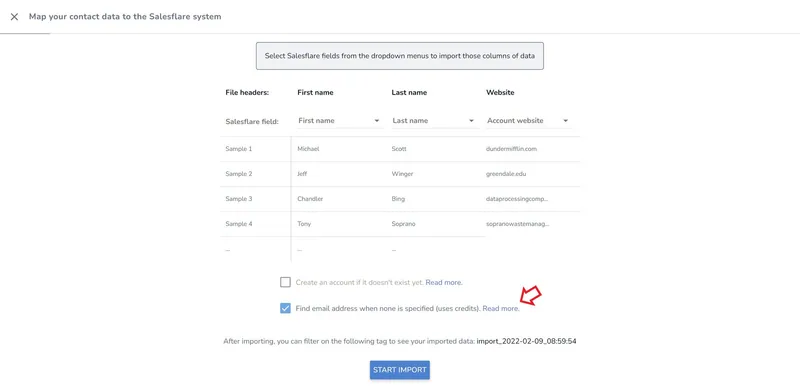 Salesflare CSV import screen mapping First name, Last name and Website columns, with “Find email address when none is specified” ticked