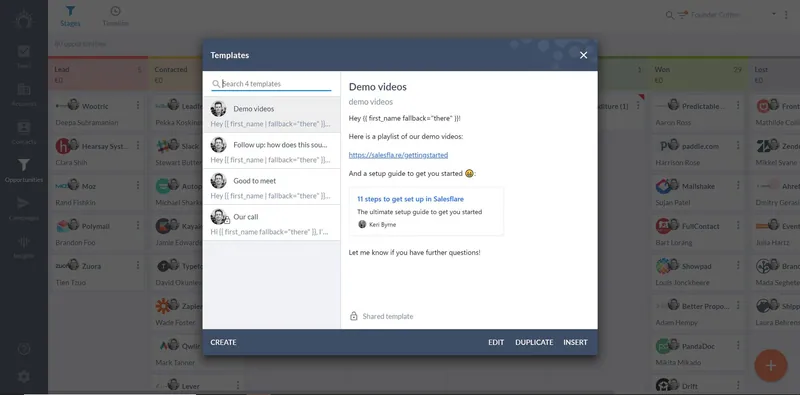 Salesflare 템플릿 패널: 저장됨 템플릿 네 개와 “Shared template” 라벨이 표시된 “Demo videos” 미리보기
