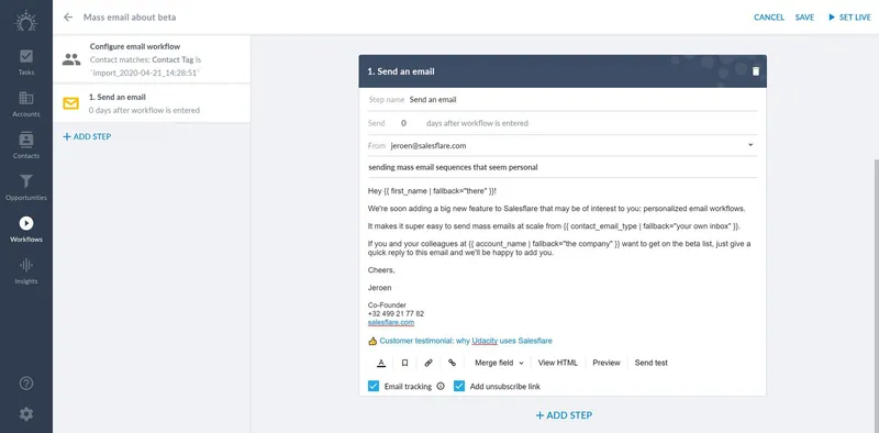 sending an email with merge tags in salesflare's workflows