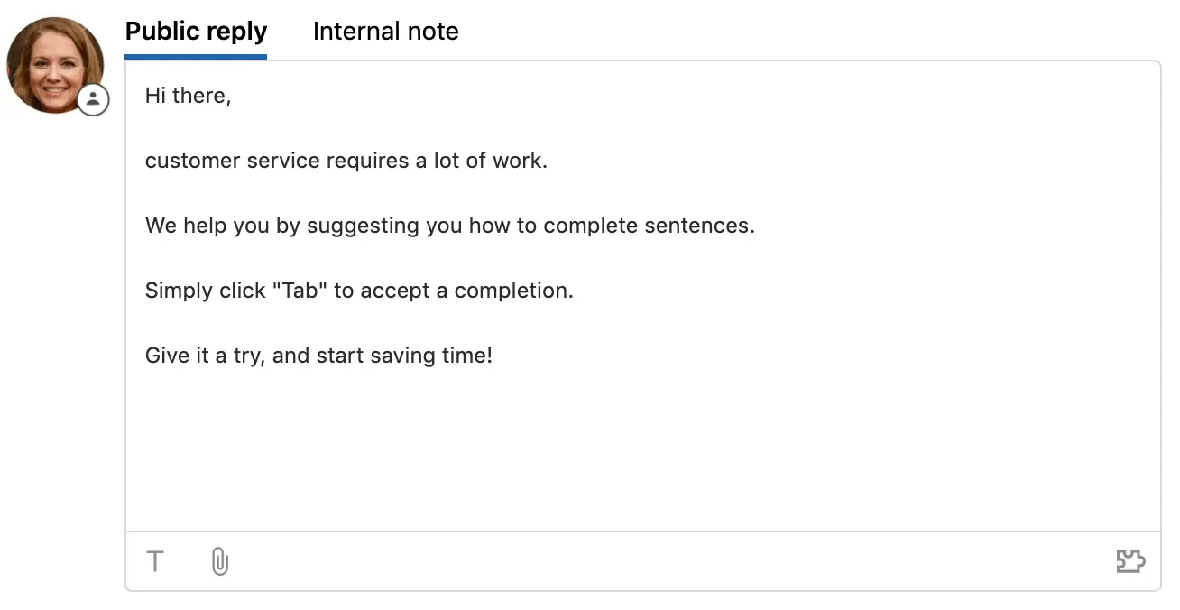 Typegenie يكمل تلقائياً جملة الرد العام في Zendesk جملةً بعد جملة، مع قبول الاقتراح باستخدام مفتاح Tab