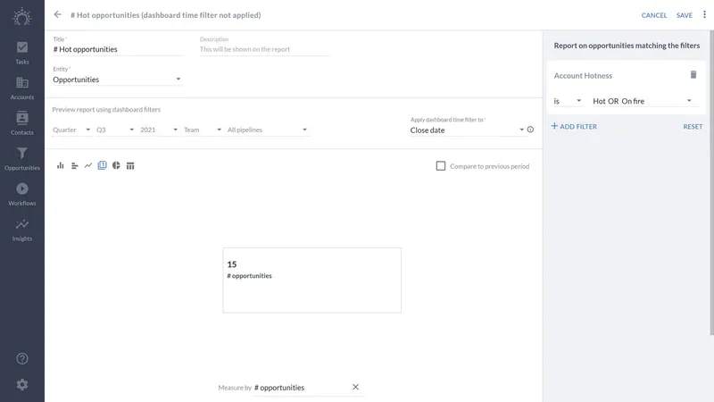 “# Hot opportunities”를 만들기 위한 Salesflare 빌더. 계정 관심도는 Hot 또는 On fire로 필터링되어 있고 시간 필터는 적용되지 않은 모습