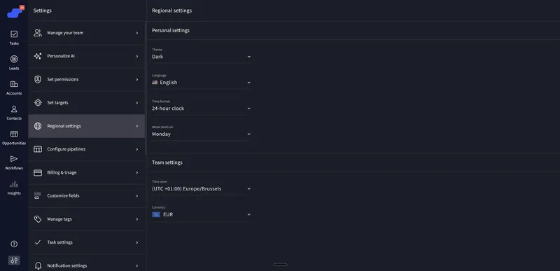 Salesflare’s Regional settings in the new dark theme, with Theme set to Dark and Language to English