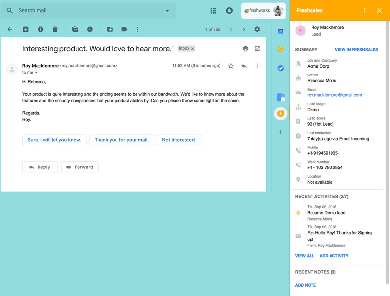 Barra lateral integrada de Freshworks en Gmail