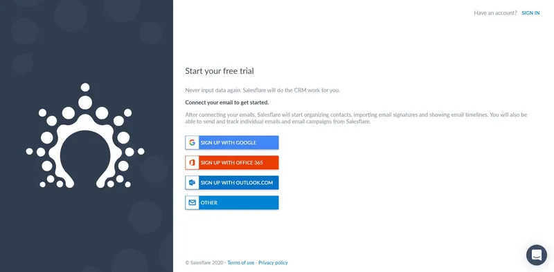 salesflare signup page to start free trial