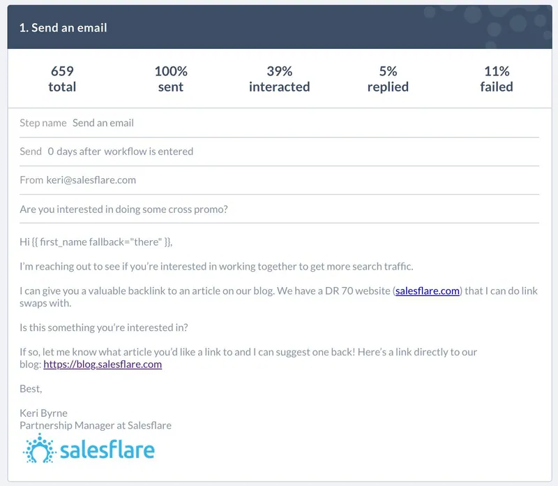 Step 1 of the backlink outreach, 5% replied: offering a link swap from a DR 70 site under the subject “cross promo”