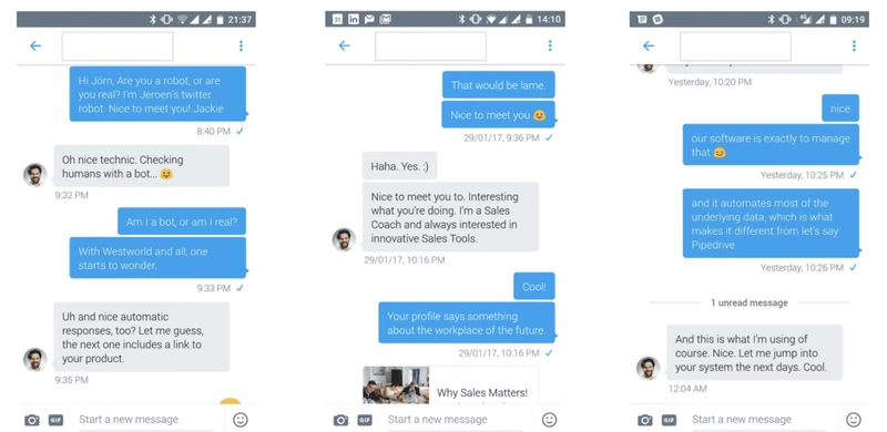 Screnshot showing how we automate sales outreach on Twitter by following up on a bot message