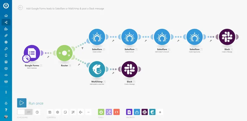 سيناريو Integromat «إضافة العملاء المحتملين من Google Forms إلى Salesflare أو Mailchimp وإرسال رسالة على Slack»، مقسّم بواسطة موجّه