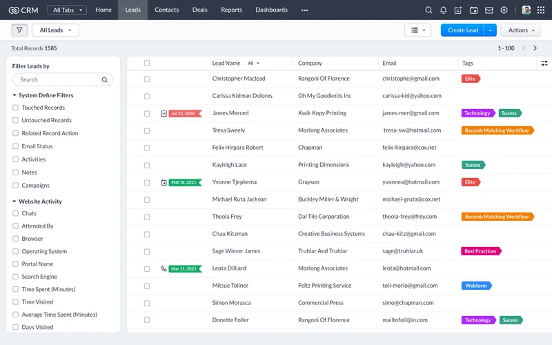 the sales leads view in Zoho CRM