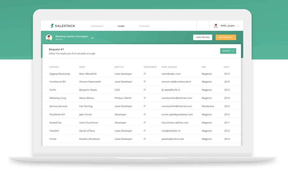 شاشة العملاء المحتملين في Salestack، تعرض قائمة بمالكي المتاجر الإلكترونية مع المسمى الوظيفي والقسم والبريد الإلكتروني ومنصة CMS