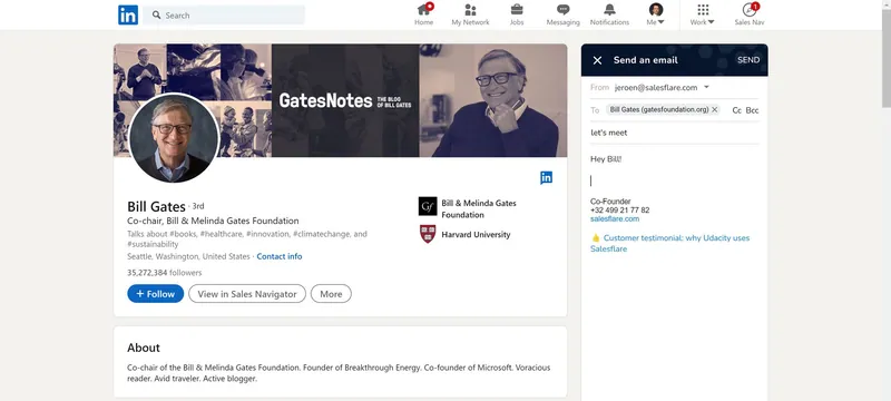 Панель Salesflare «Отправить письмо» в боковой панели LinkedIn: от jeroen@salesflare.com Биллу Гейтсу, тема «давай встретимся», начало письма «Привет, Билл!»