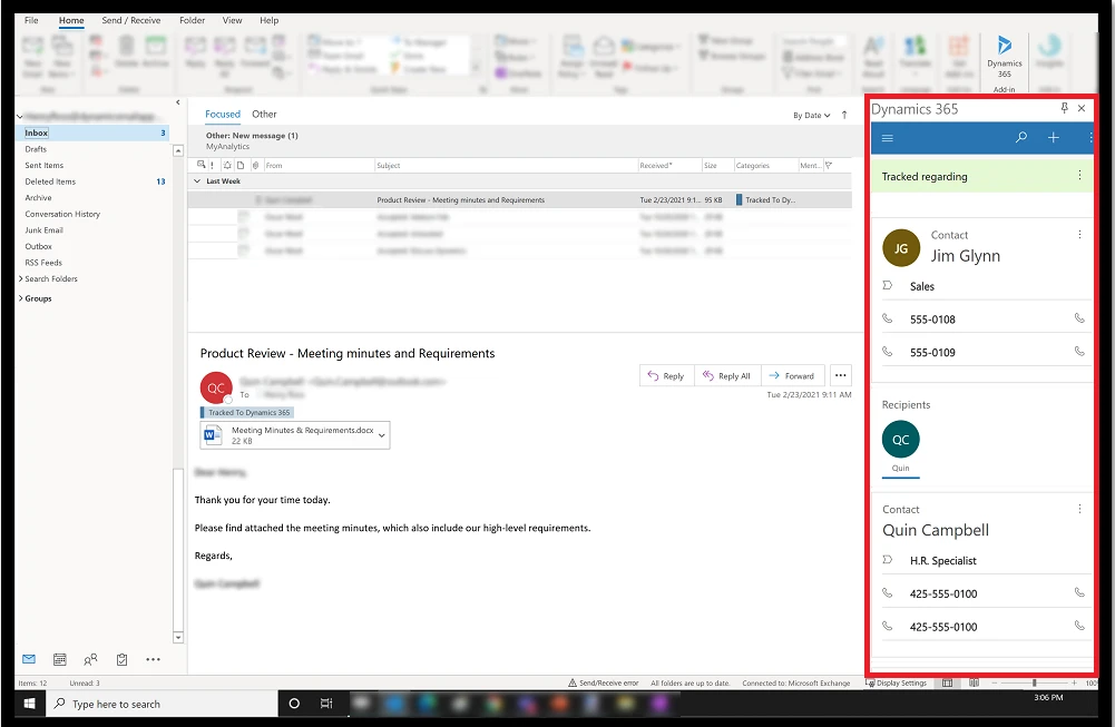 Dynamics 365 App for Outlook showing CRM contacts beside a tracked email