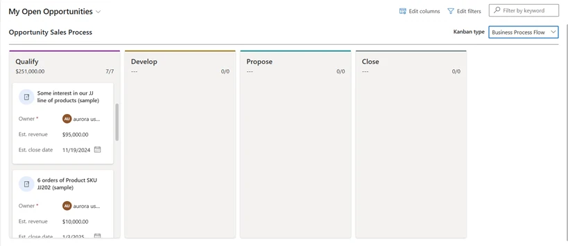 Pipeline d’opportunités de Dynamics 365 Sales en vue Kanban